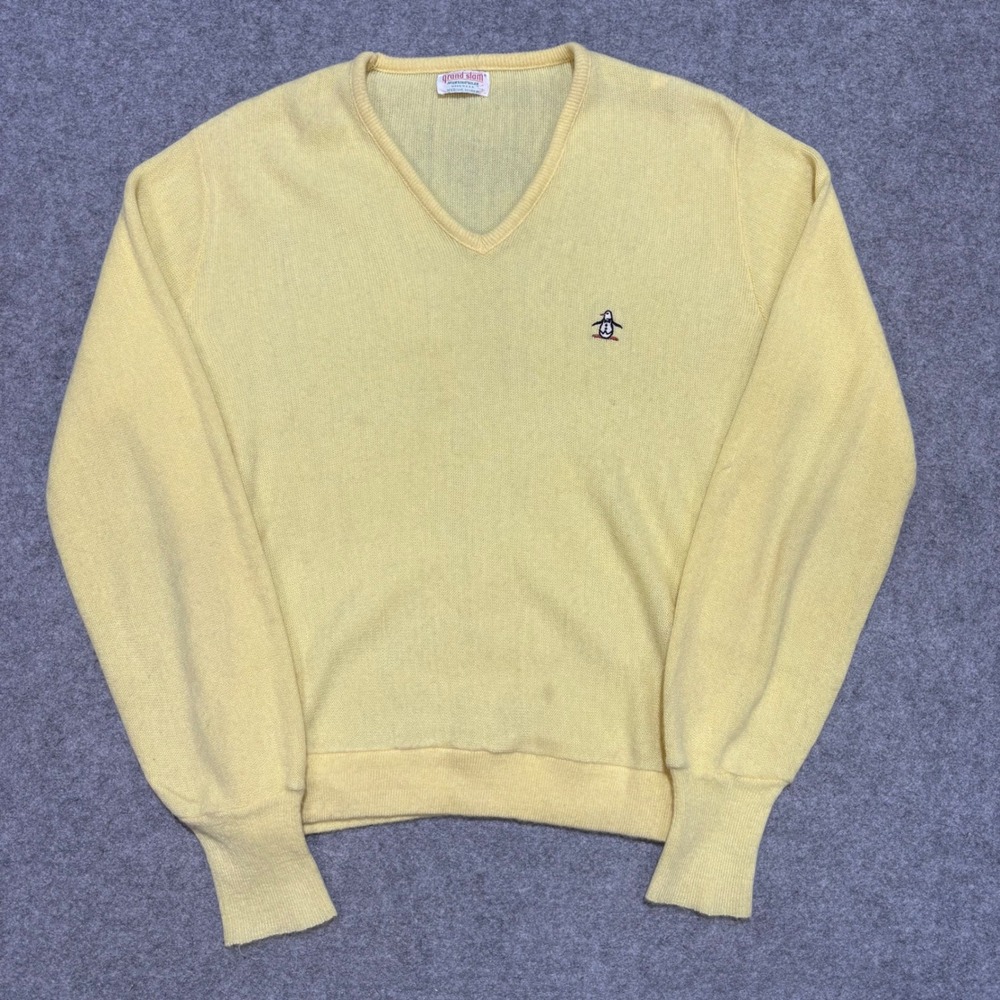 Vintage Grand Slam Munsingwear V-Neck Sweater Yellow Penguin Logo Mens Medium